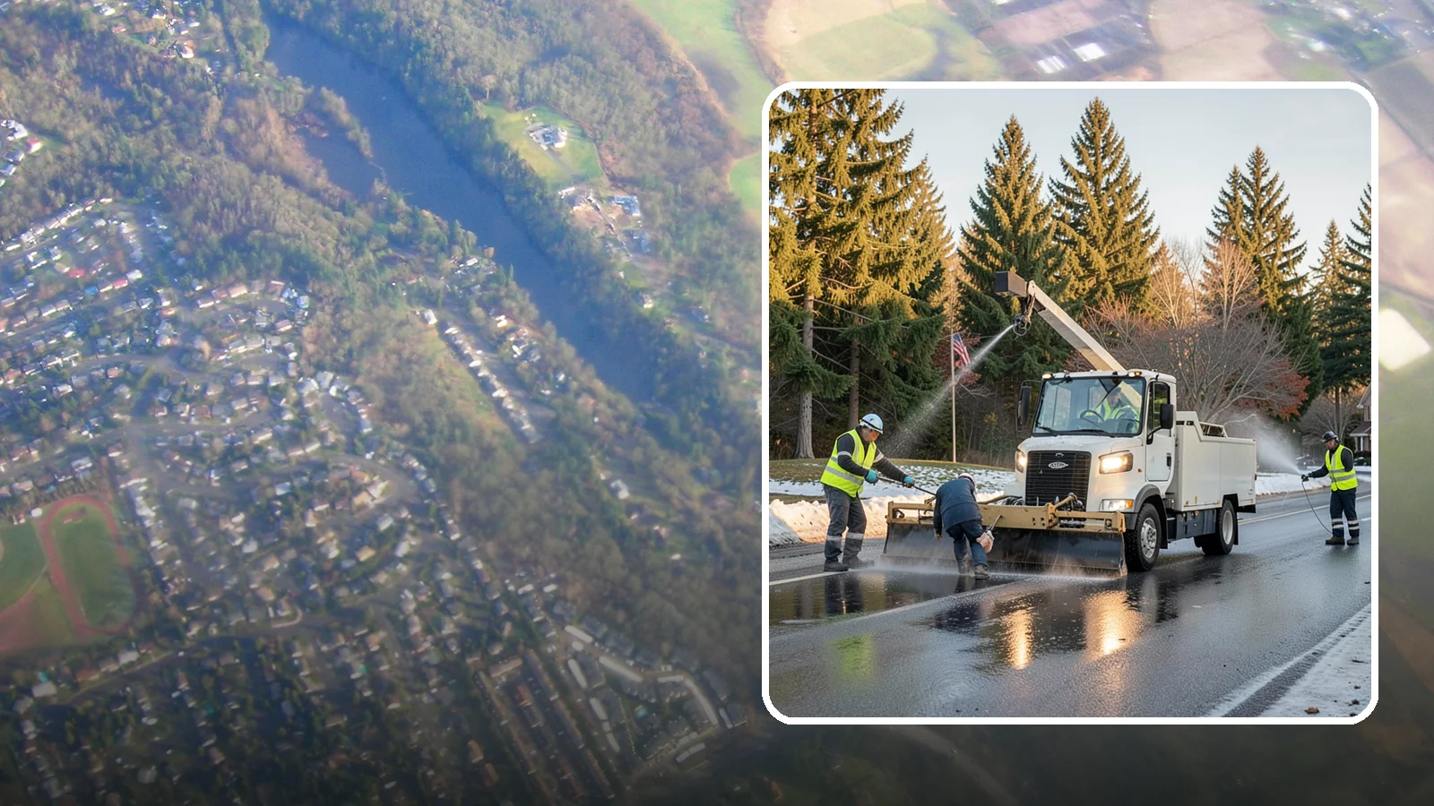 Anti-Icing Brine Application in Algona, King County, WA - Proactive liquid brine application that prevents ice from bonding to public roadways and lots before a storm.