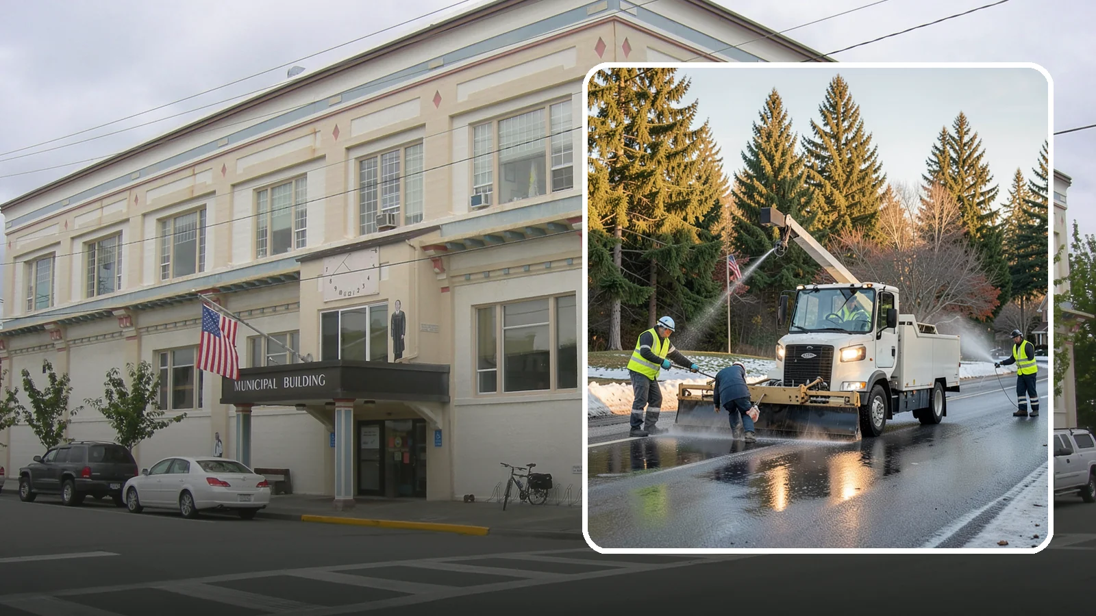 Anti-Icing Brine Application in Anacortes, Skagit County, WA - Proactive liquid brine application that prevents ice from bonding to public roadways and lots before a storm.