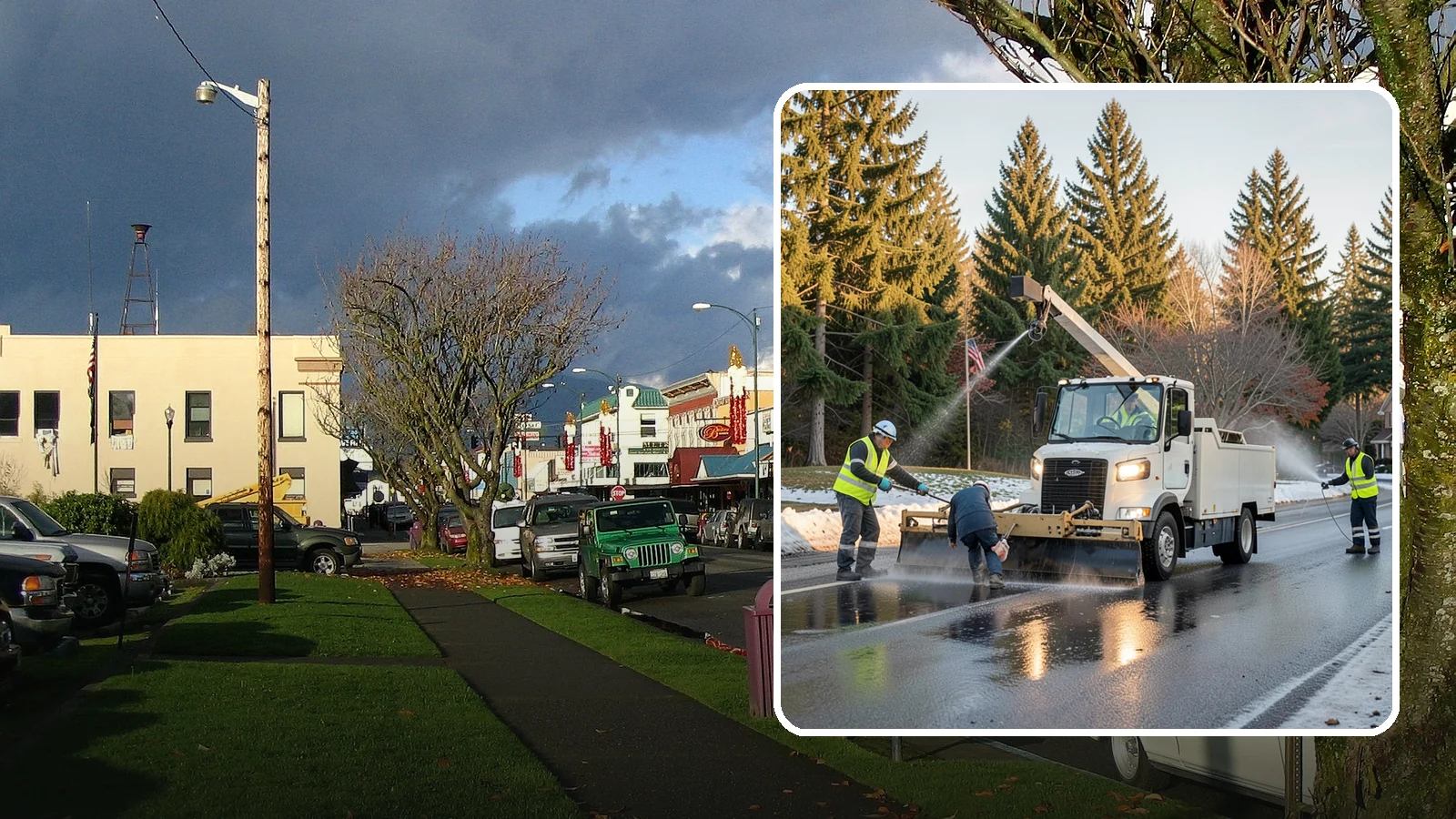 Anti-Icing Brine Application in Arlington, Snohomish County, WA - Proactive liquid brine application that prevents ice from bonding to public roadways and lots before a storm.