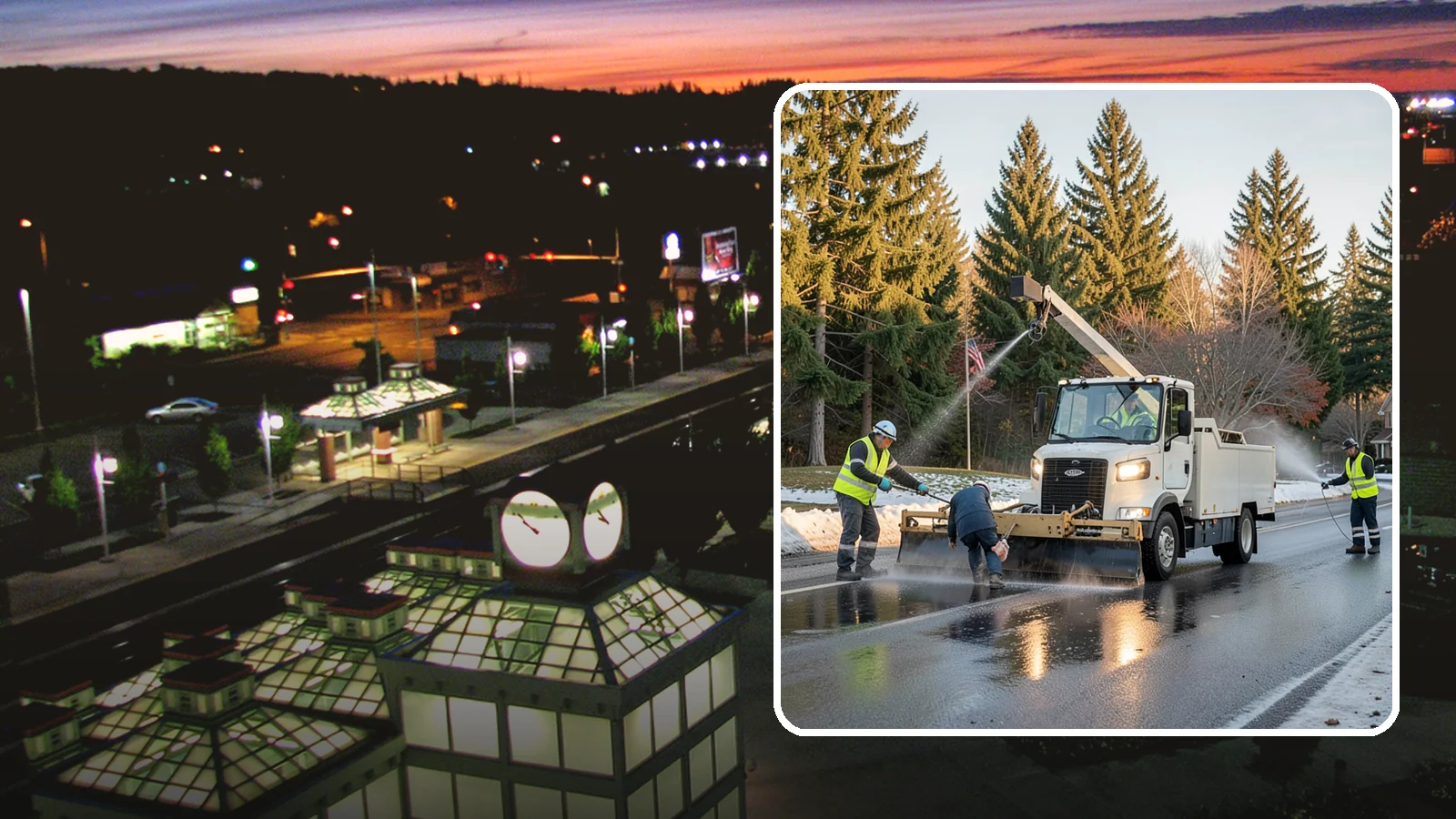 Anti-Icing Brine Application in Auburn, King County, WA - Proactive liquid brine application that prevents ice from bonding to public roadways and lots before a storm.