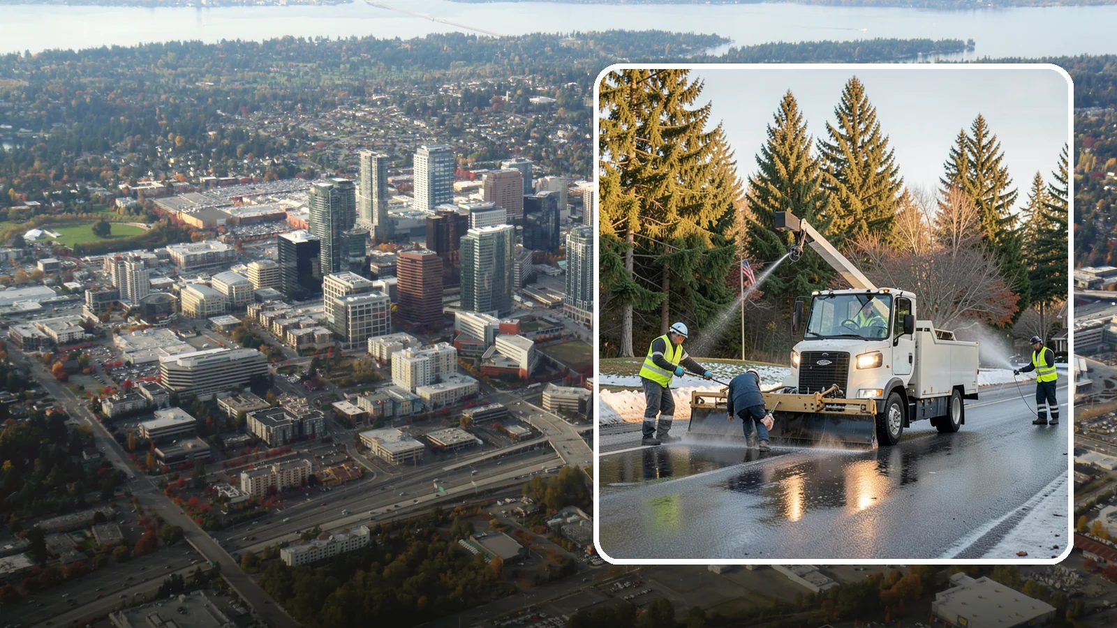 Anti-Icing Brine Application in Bellevue, King County, WA - Proactive liquid brine application that prevents ice from bonding to public roadways and lots before a storm.
