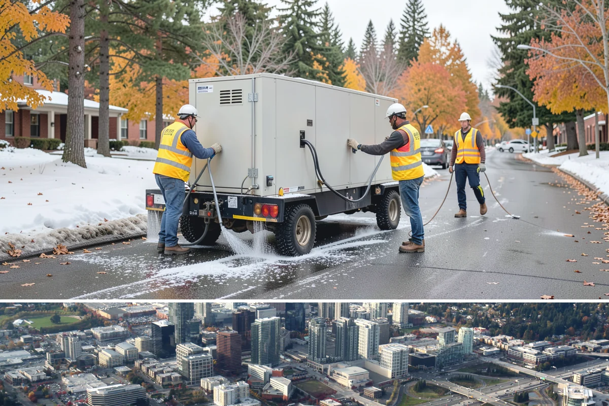 Anti-Icing Brine Application in Bellevue, King County, WA - Applied ahead of forecasted freeze/snow events through the winter season.