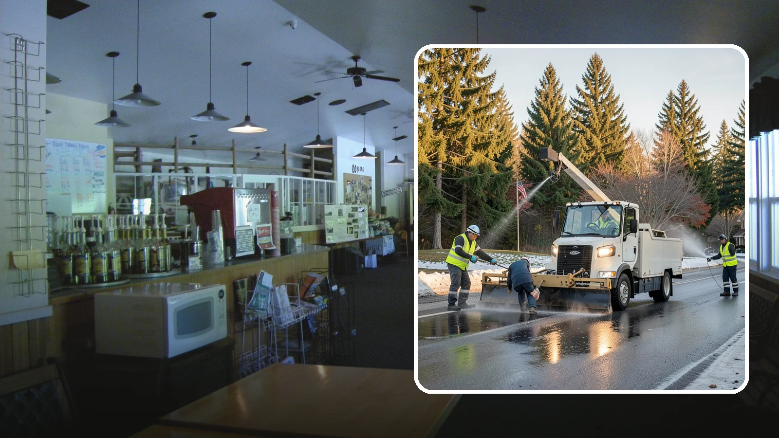 Anti-Icing Brine Application in Black Diamond, King County, WA - Proactive liquid brine application that prevents ice from bonding to public roadways and lots before a storm.