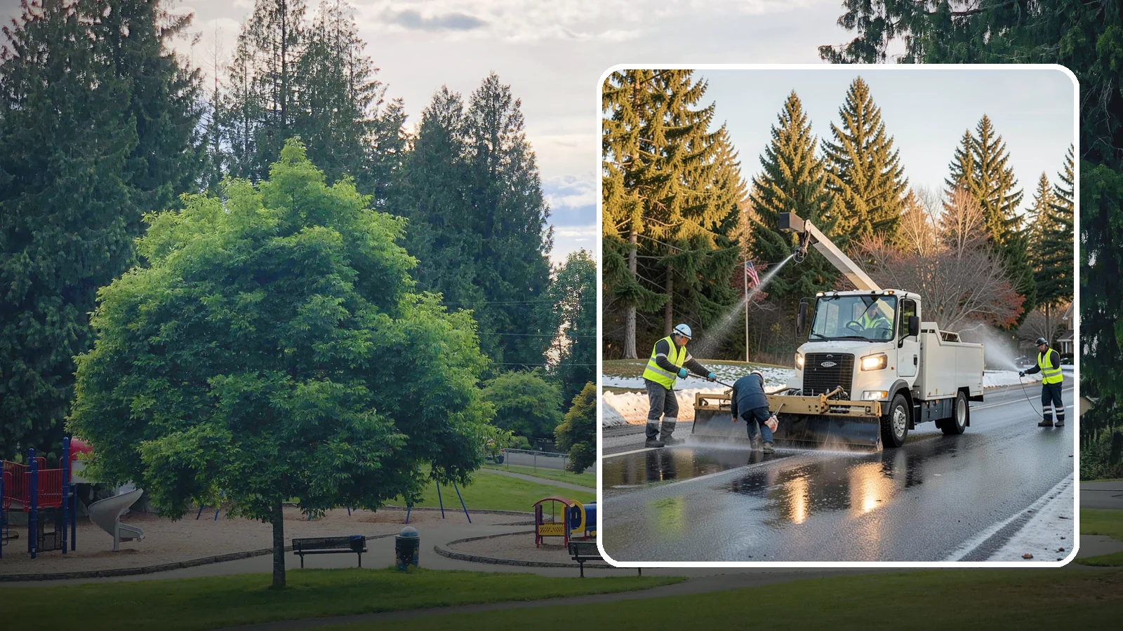 Anti-Icing Brine Application in Bonney Lake, Pierce County, WA - Proactive liquid brine application that prevents ice from bonding to public roadways and lots before a storm.