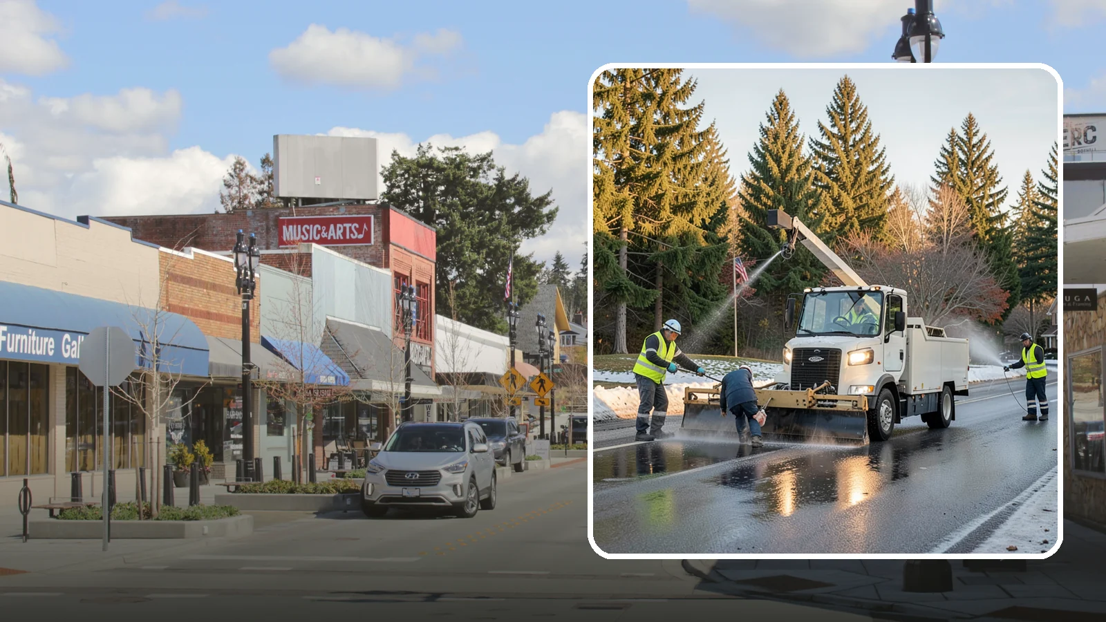 Anti-Icing Brine Application in Bothell, King County, WA - Proactive liquid brine application that prevents ice from bonding to public roadways and lots before a storm.