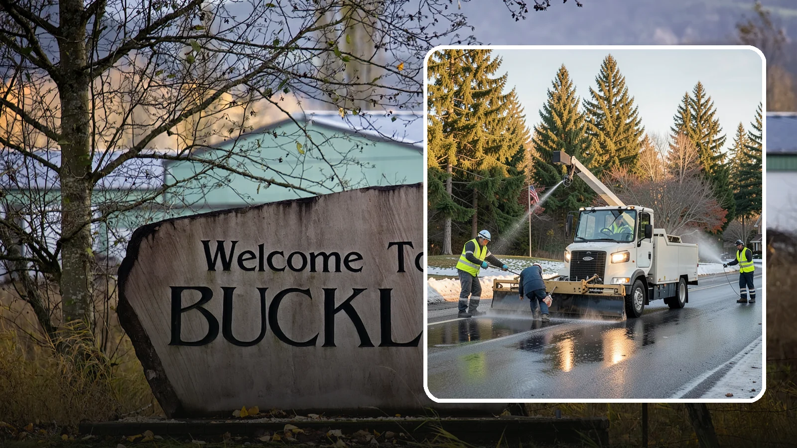 Anti-Icing Brine Application in Buckley, Pierce County, WA - Proactive liquid brine application that prevents ice from bonding to public roadways and lots before a storm.