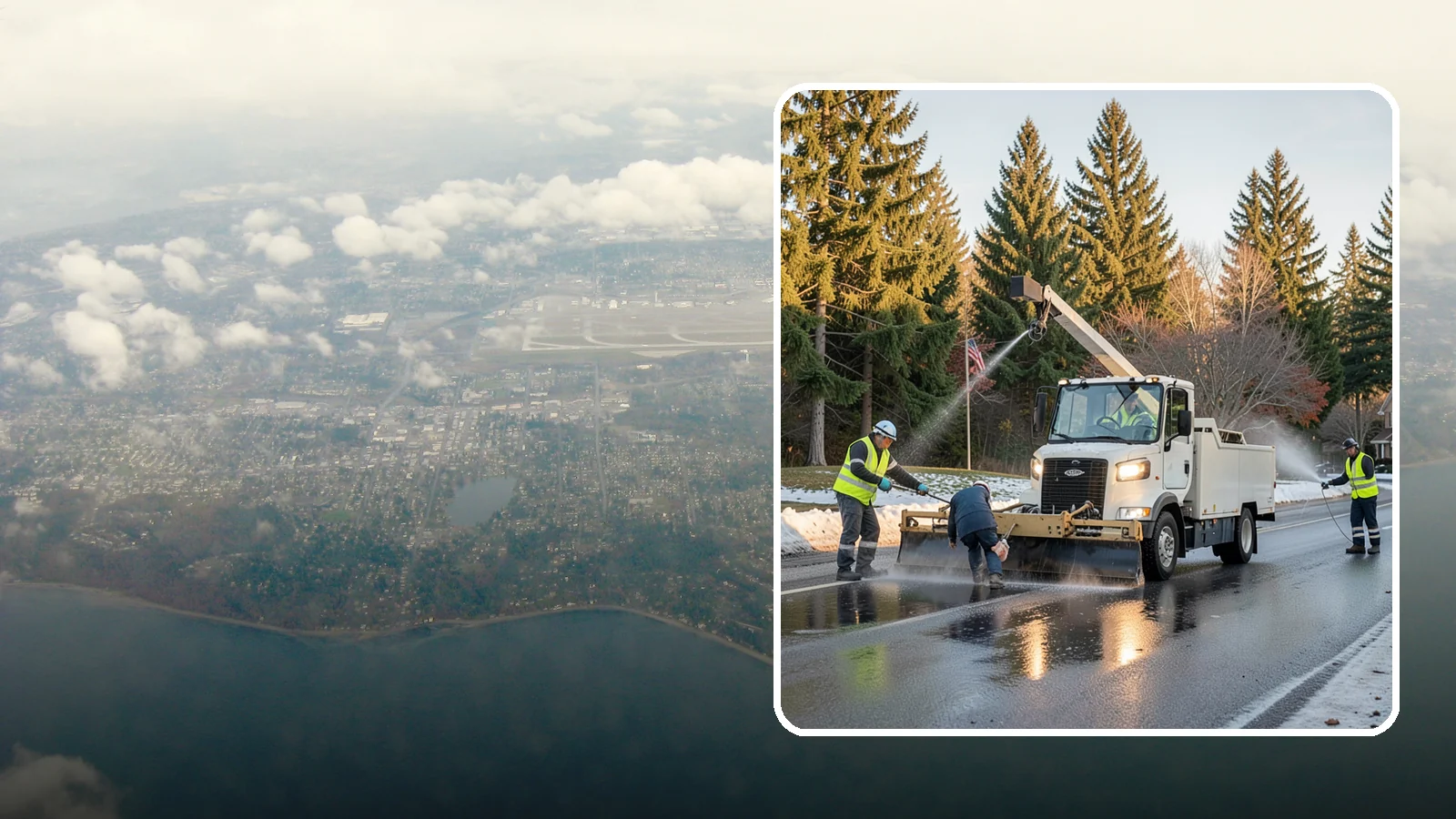 Anti-Icing Brine Application in Burien, King County, WA - Proactive liquid brine application that prevents ice from bonding to public roadways and lots before a storm.