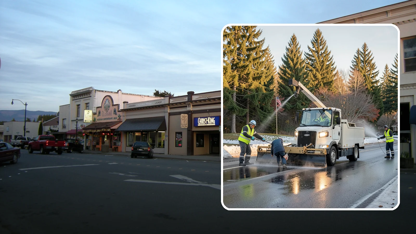 Anti-Icing Brine Application in Burlington, Skagit County, WA - Proactive liquid brine application that prevents ice from bonding to public roadways and lots before a storm.