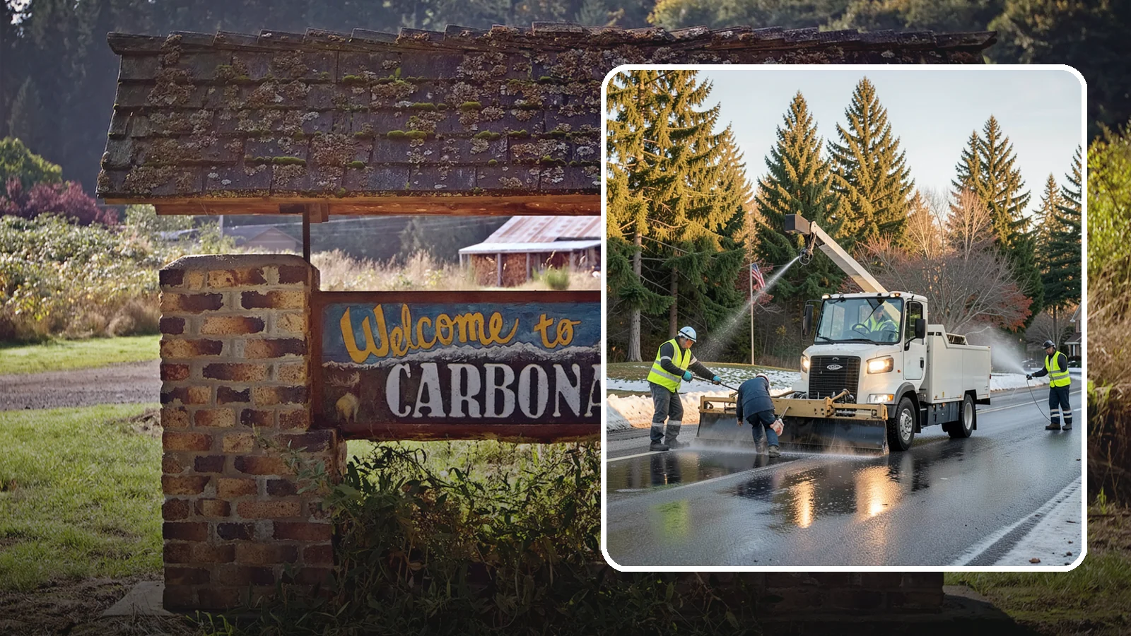 Anti-Icing Brine Application in Carbonado, Pierce County, WA - Proactive liquid brine application that prevents ice from bonding to public roadways and lots before a storm.