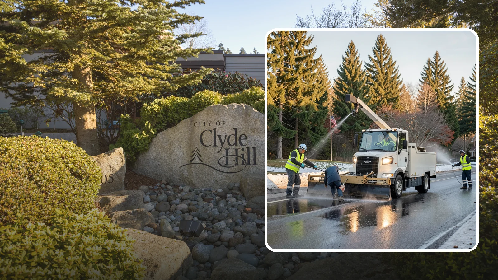 Anti-Icing Brine Application in Clyde Hill, King County, WA - Proactive liquid brine application that prevents ice from bonding to public roadways and lots before a storm.