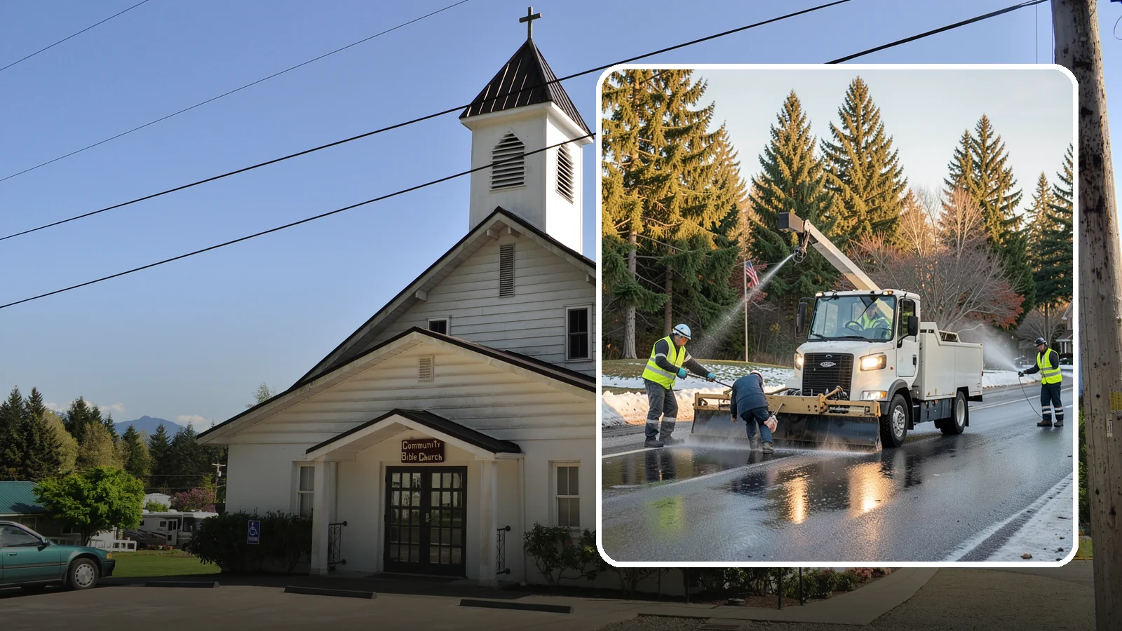 Anti-Icing Brine Application in Concrete, Skagit County, WA - Proactive liquid brine application that prevents ice from bonding to public roadways and lots before a storm.