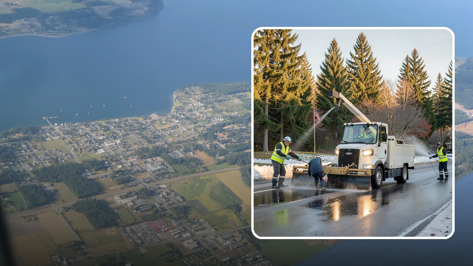 Anti-Icing Brine Application in Coupeville, Island County, WA - Proactive liquid brine application that prevents ice from bonding to public roadways and lots before a storm.