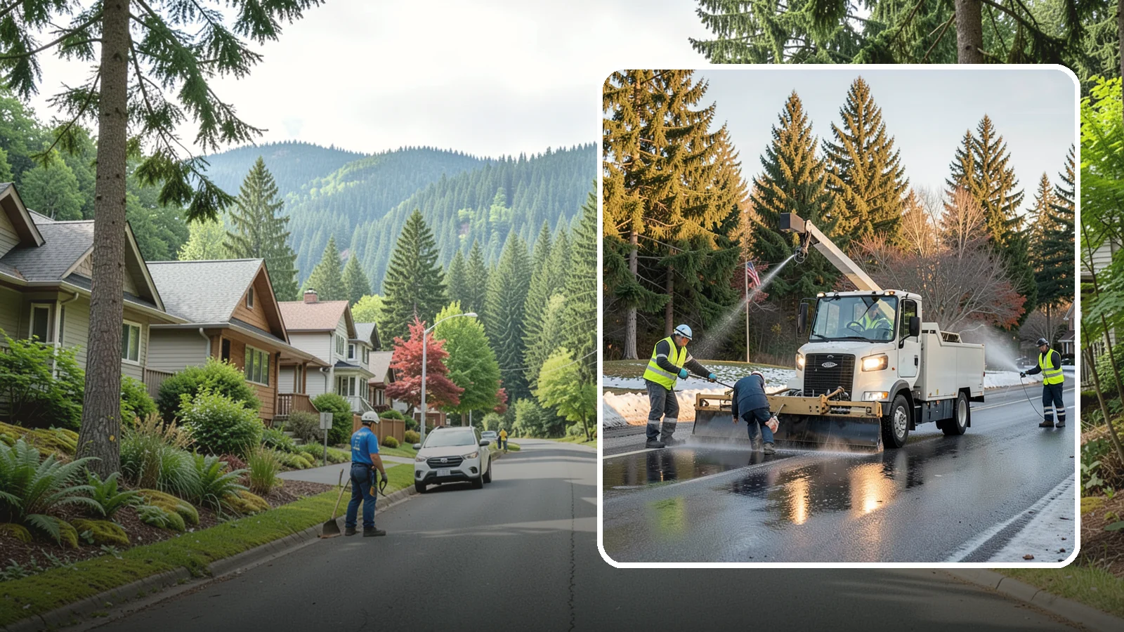 Anti-Icing Brine Application in Darrington, Snohomish County, WA - Proactive liquid brine application that prevents ice from bonding to public roadways and lots before a storm.