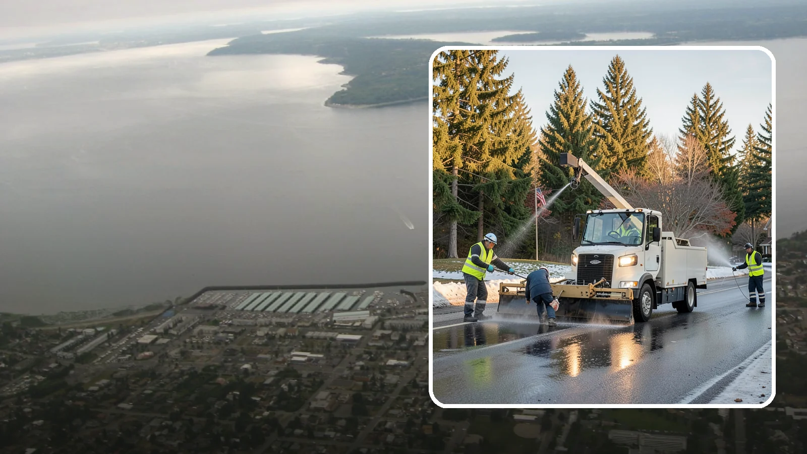 Anti-Icing Brine Application in Des Moines, King County, WA - Proactive liquid brine application that prevents ice from bonding to public roadways and lots before a storm.
