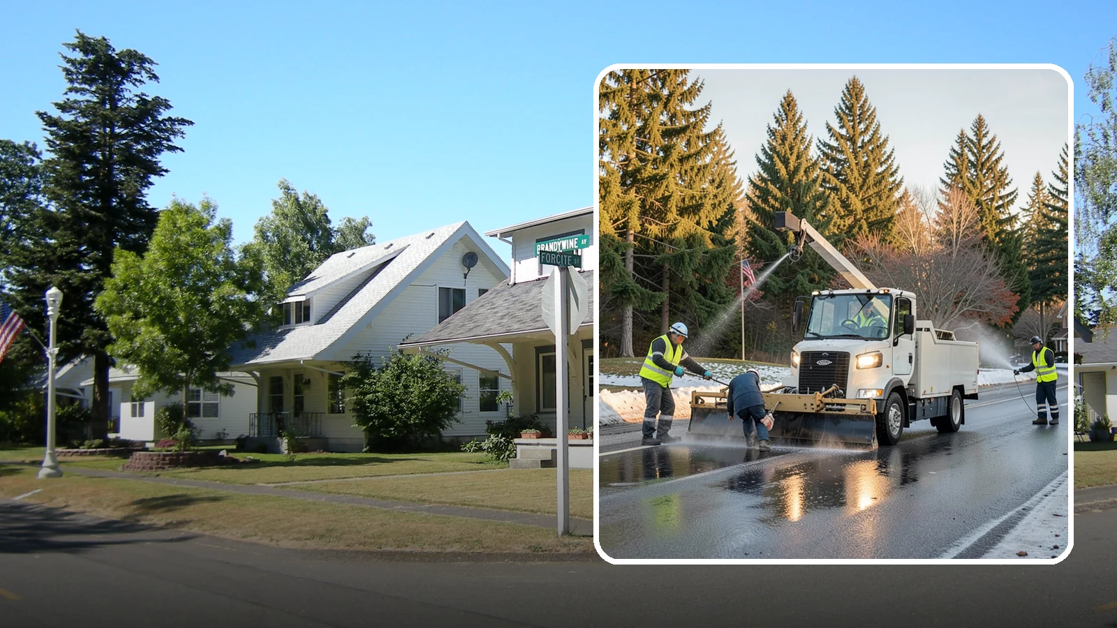 Anti-Icing Brine Application in DuPont, Pierce County, WA - Proactive liquid brine application that prevents ice from bonding to public roadways and lots before a storm.