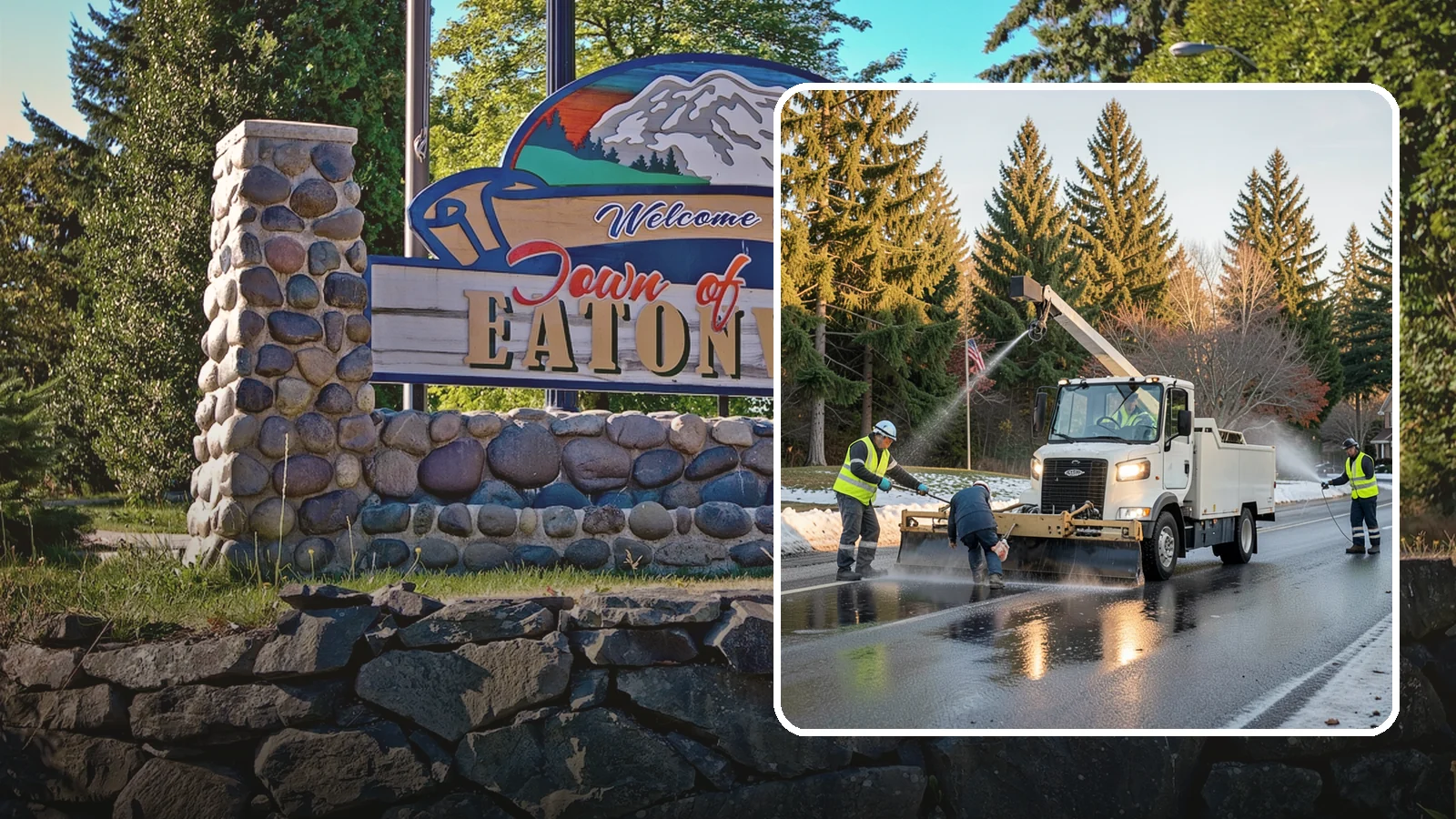 Anti-Icing Brine Application in Eatonville, Pierce County, WA - Proactive liquid brine application that prevents ice from bonding to public roadways and lots before a storm.