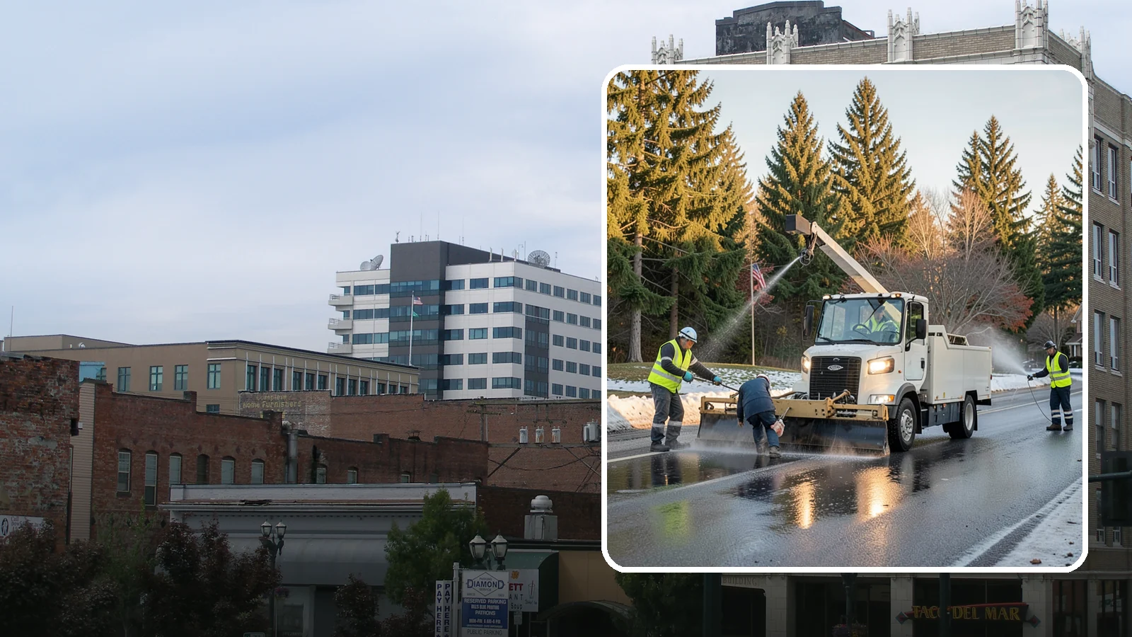 Anti-Icing Brine Application in Everett, Snohomish County, WA - Proactive liquid brine application that prevents ice from bonding to public roadways and lots before a storm.