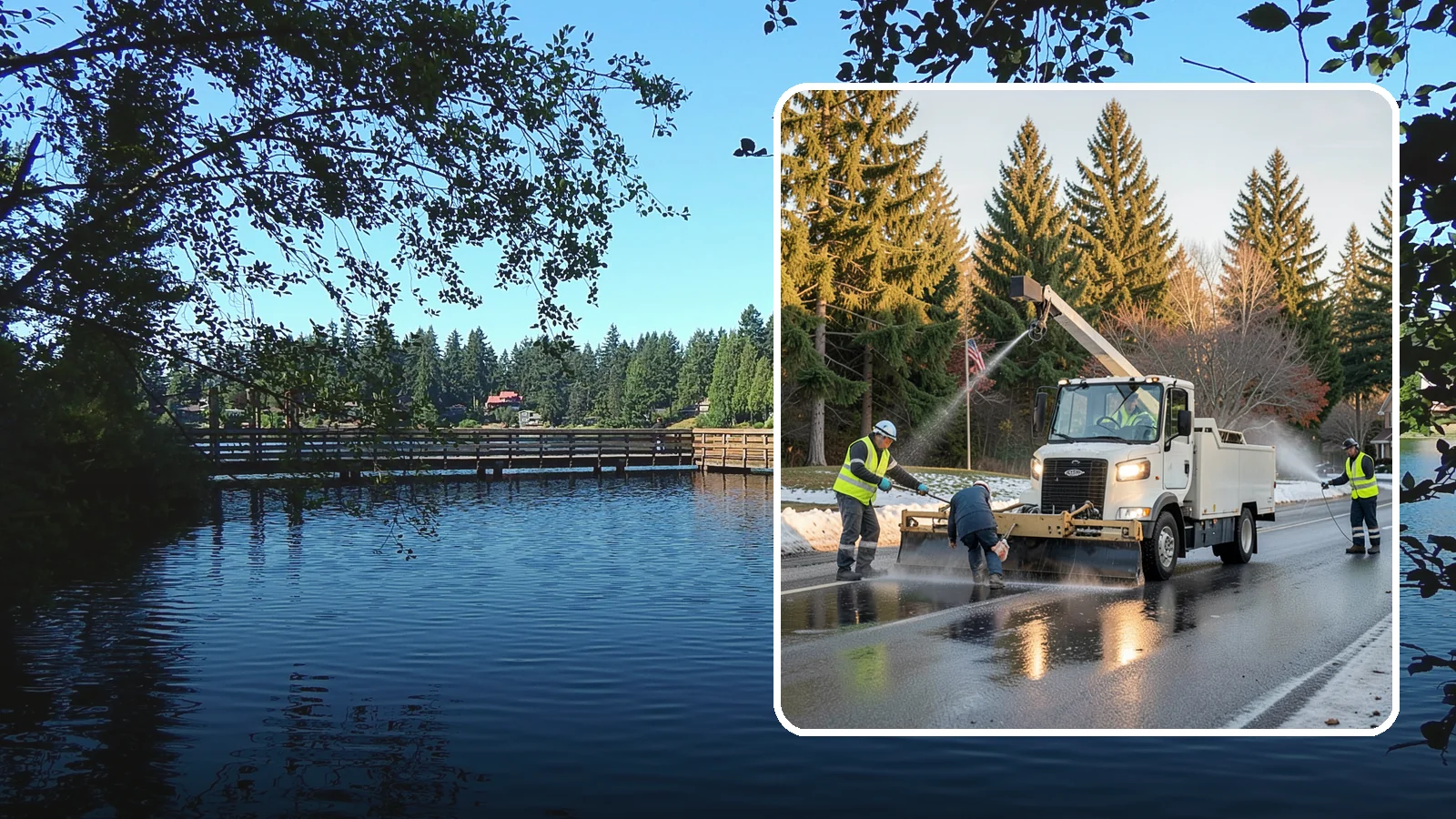 Anti-Icing Brine Application in Federal Way, King County, WA - Proactive liquid brine application that prevents ice from bonding to public roadways and lots before a storm.