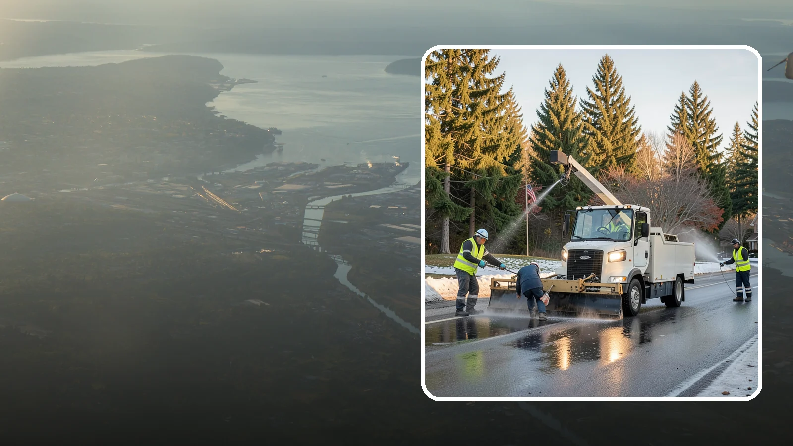 Anti-Icing Brine Application in Fife, Pierce County, WA - Proactive liquid brine application that prevents ice from bonding to public roadways and lots before a storm.