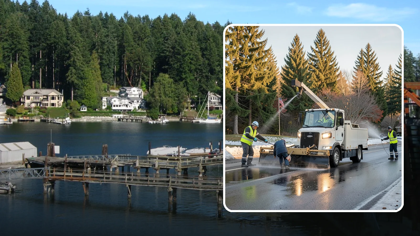 Anti-Icing Brine Application in Gig Harbor, Pierce County, WA - Proactive liquid brine application that prevents ice from bonding to public roadways and lots before a storm.