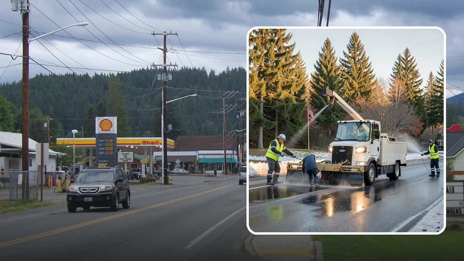 Anti-Icing Brine Application in Granite Falls, Snohomish County, WA - Proactive liquid brine application that prevents ice from bonding to public roadways and lots before a storm.