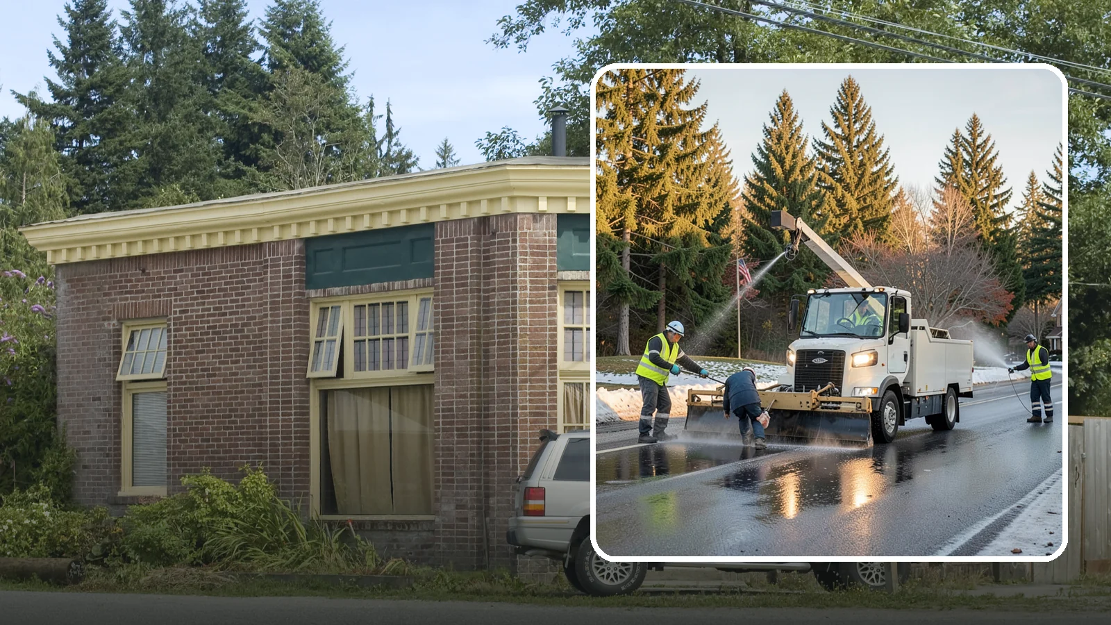 Anti-Icing Brine Application in Hamilton, Skagit County, WA - Proactive liquid brine application that prevents ice from bonding to public roadways and lots before a storm.