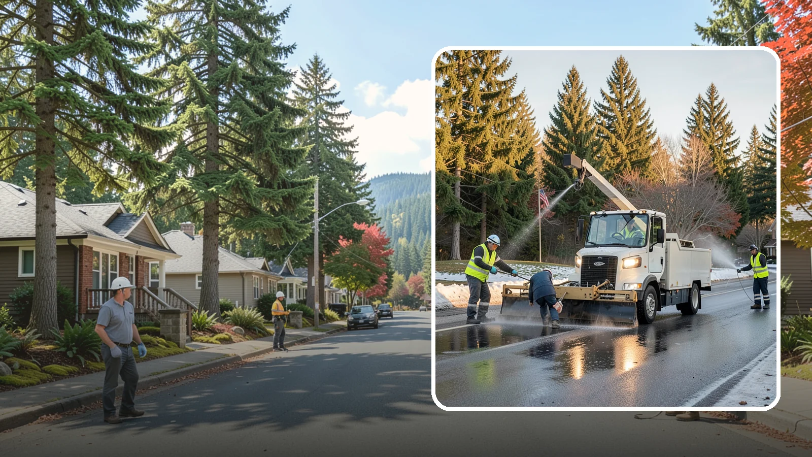 Anti-Icing Brine Application in Hunts Point, King County, WA - Proactive liquid brine application that prevents ice from bonding to public roadways and lots before a storm.