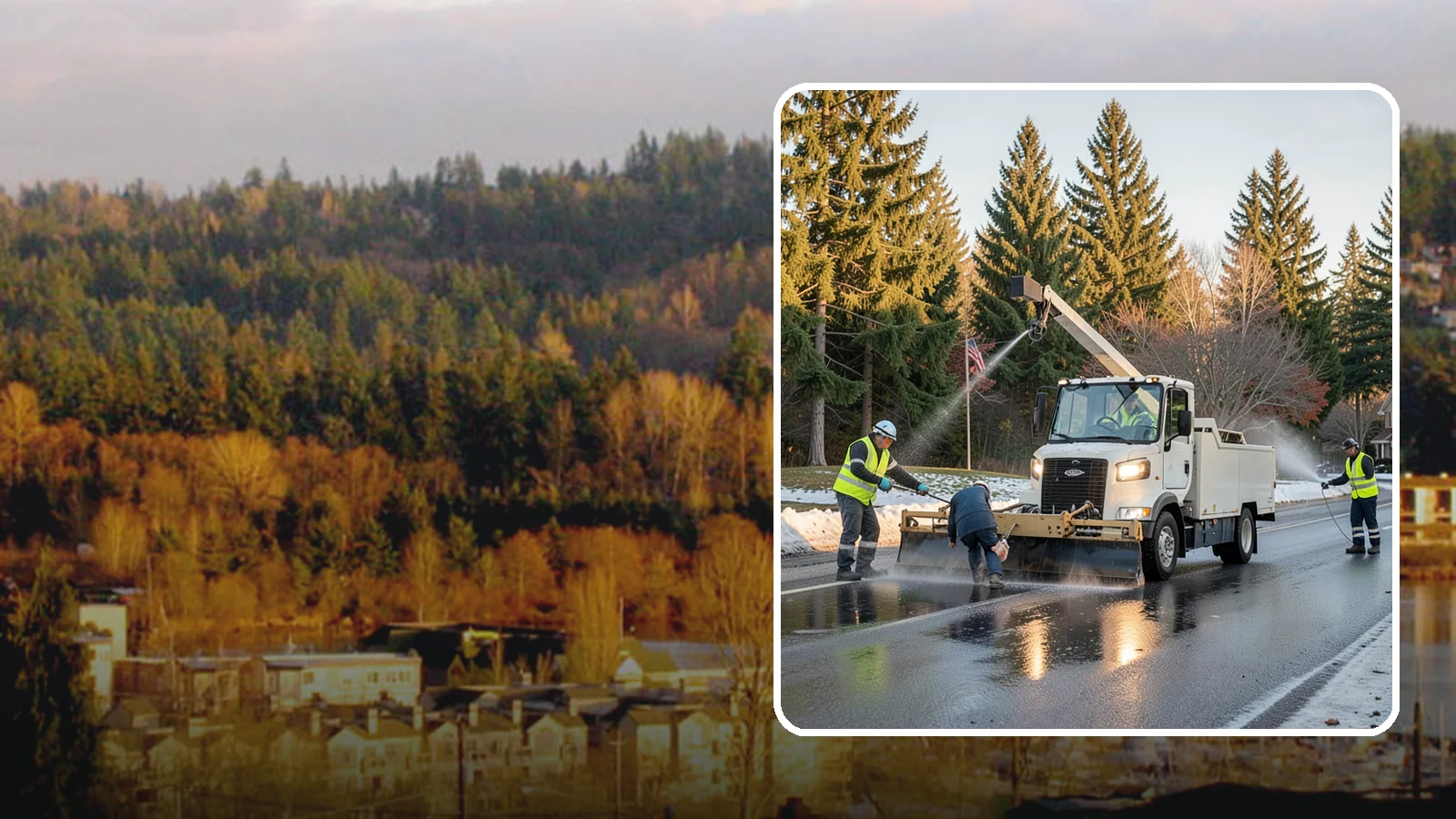 Anti-Icing Brine Application in Kenmore, King County, WA - Proactive liquid brine application that prevents ice from bonding to public roadways and lots before a storm.