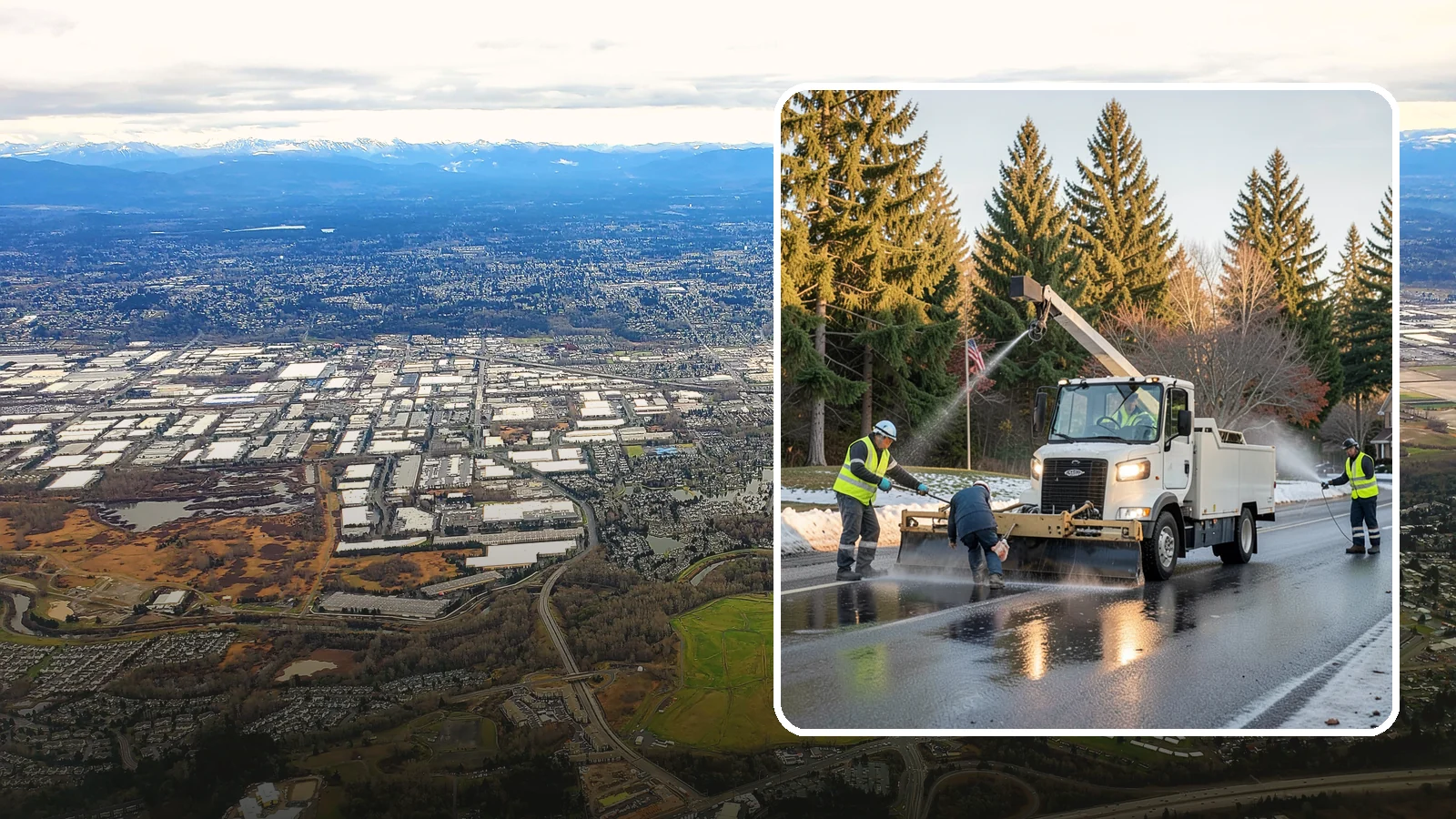 Anti-Icing Brine Application in Kent, King County, WA - Proactive liquid brine application that prevents ice from bonding to public roadways and lots before a storm.