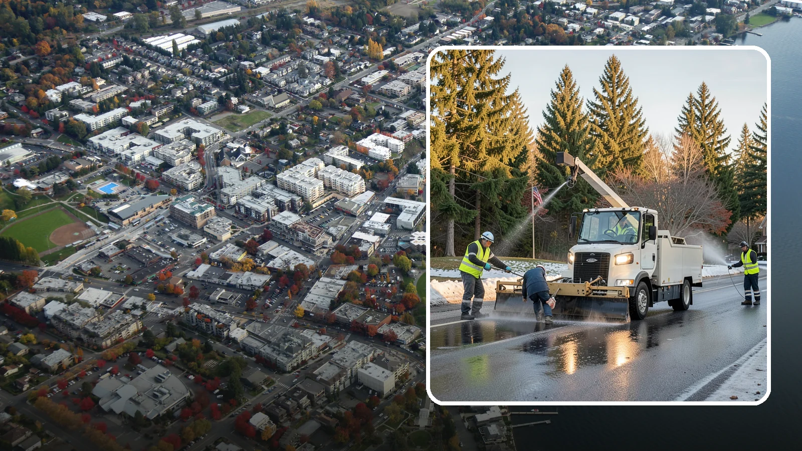 Anti-Icing Brine Application in Kirkland, King County, WA - Proactive liquid brine application that prevents ice from bonding to public roadways and lots before a storm.