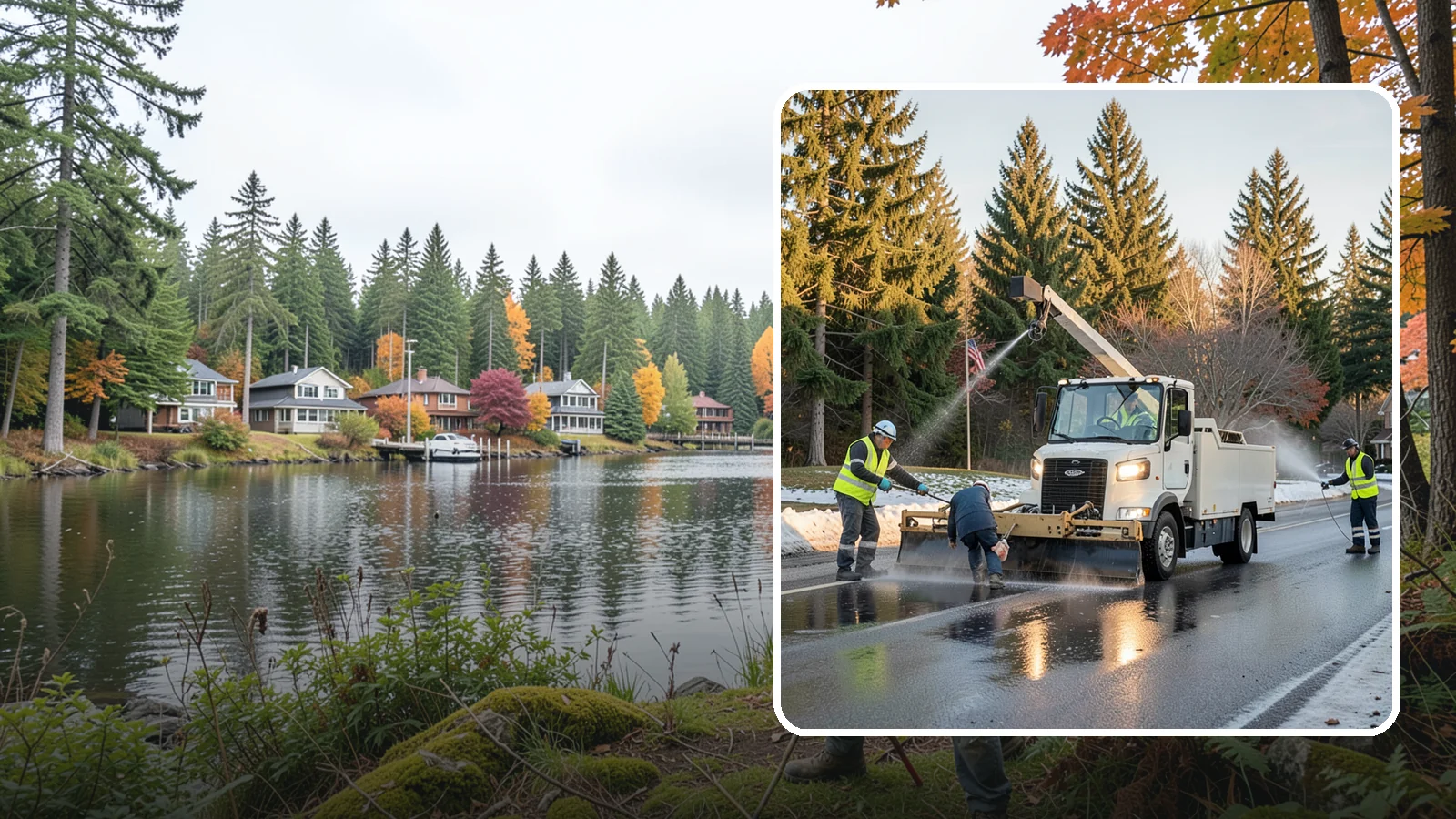 Anti-Icing Brine Application in La Conner, Skagit County, WA - Proactive liquid brine application that prevents ice from bonding to public roadways and lots before a storm.