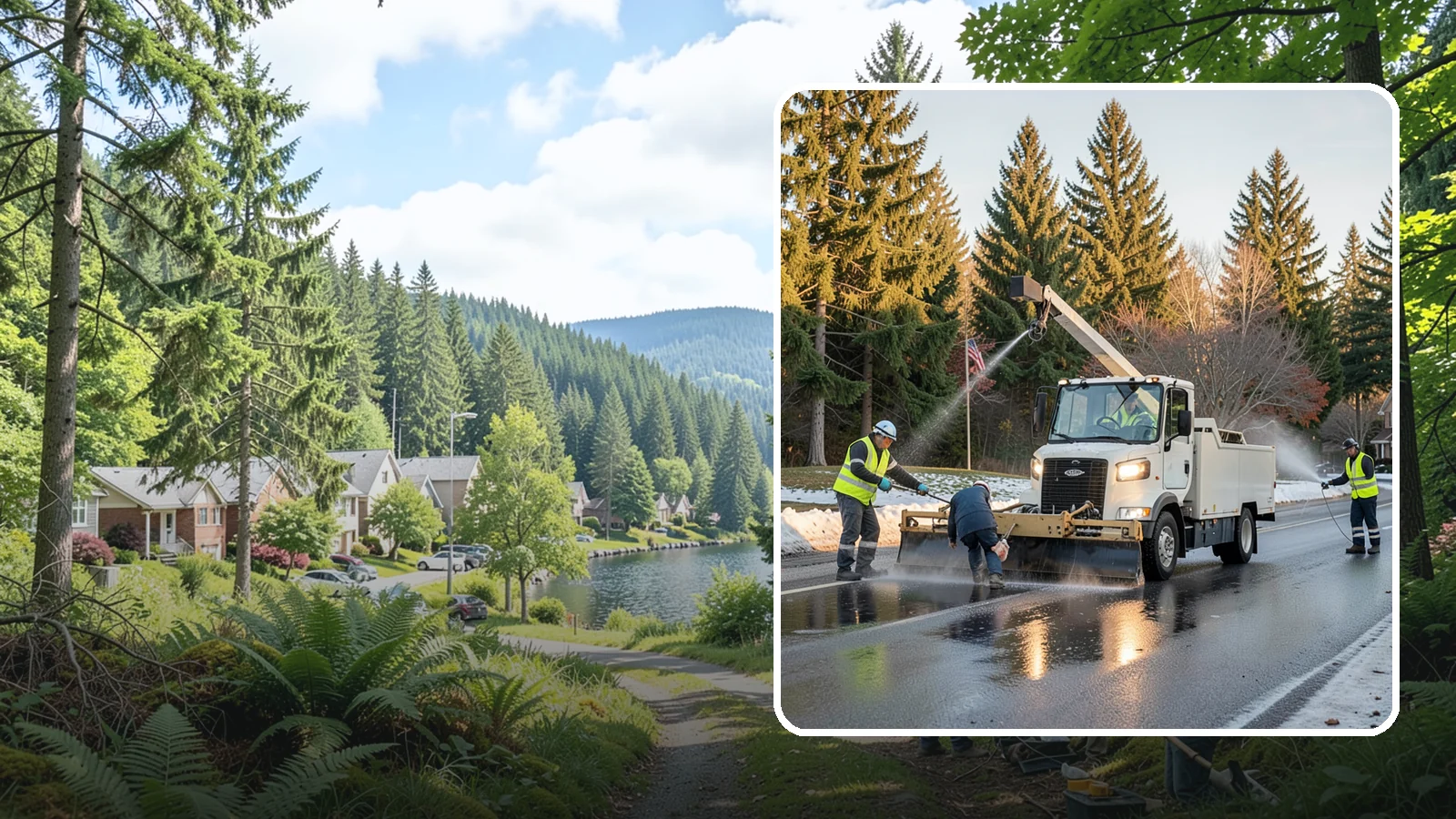 Anti-Icing Brine Application in Lake Forest Park, King County, WA - Proactive liquid brine application that prevents ice from bonding to public roadways and lots before a storm.