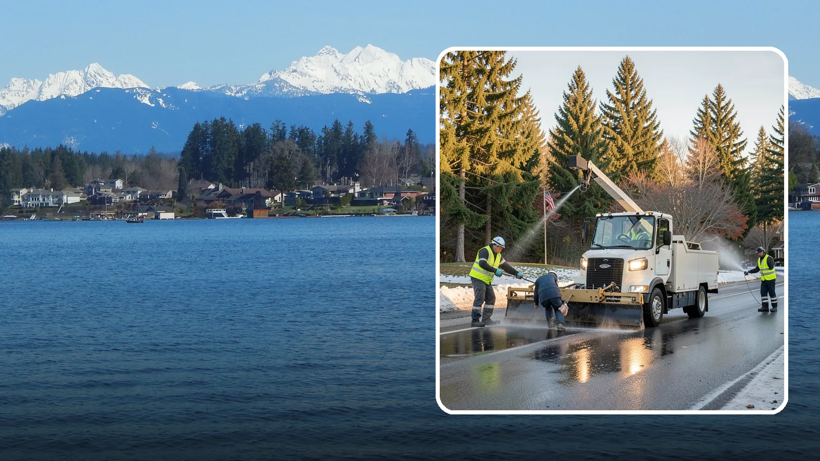Anti-Icing Brine Application in Lake Stevens, Snohomish County, WA - Proactive liquid brine application that prevents ice from bonding to public roadways and lots before a storm.
