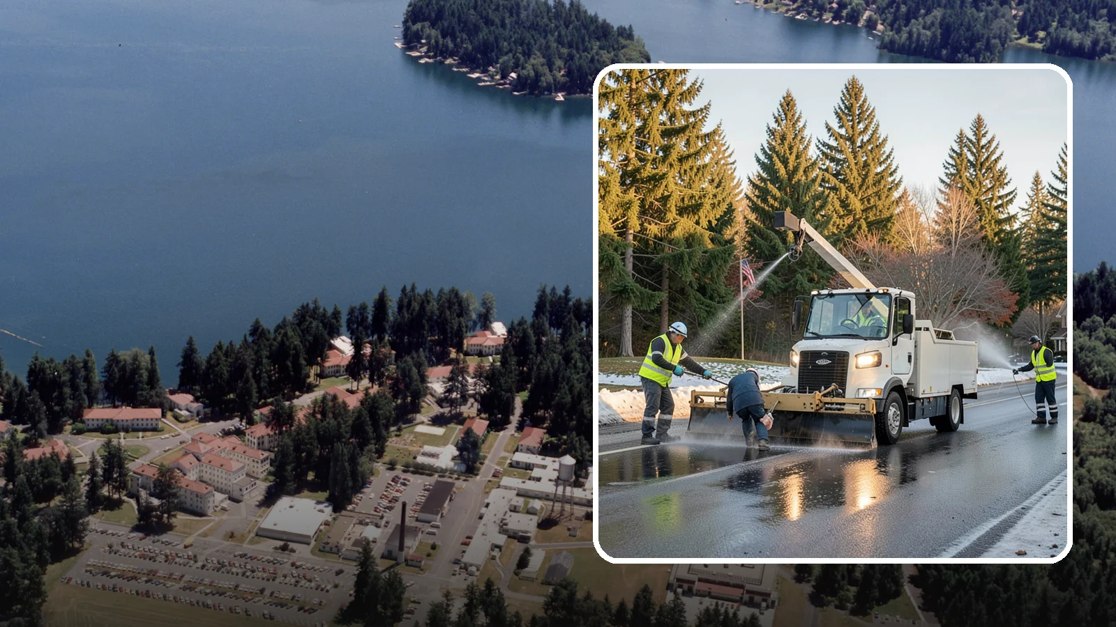 Anti-Icing Brine Application in Lakewood, Pierce County, WA - Proactive liquid brine application that prevents ice from bonding to public roadways and lots before a storm.