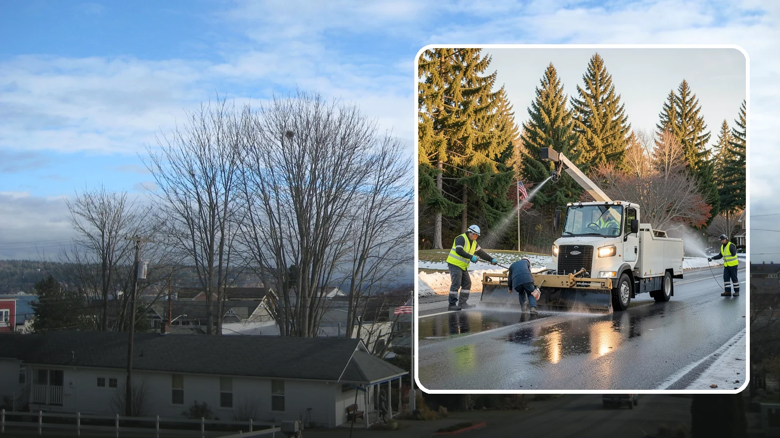Anti-Icing Brine Application in Langley, Island County, WA - Proactive liquid brine application that prevents ice from bonding to public roadways and lots before a storm.