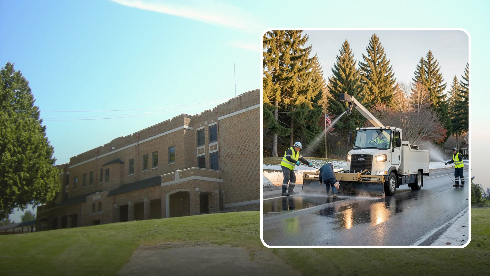 Anti-Icing Brine Application in Maple Valley, King County, WA - Proactive liquid brine application that prevents ice from bonding to public roadways and lots before a storm.