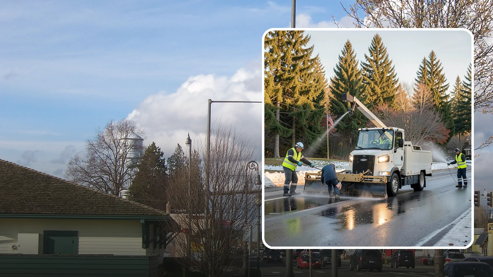 Anti-Icing Brine Application in Marysville, Snohomish County, WA - Proactive liquid brine application that prevents ice from bonding to public roadways and lots before a storm.