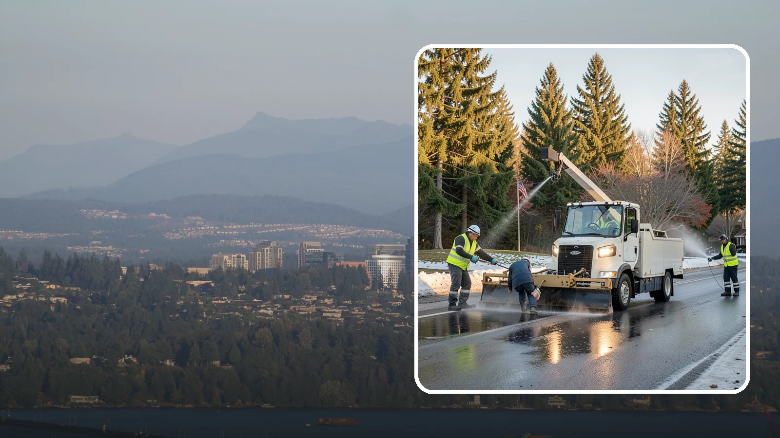 Anti-Icing Brine Application in Medina, King County, WA - Proactive liquid brine application that prevents ice from bonding to public roadways and lots before a storm.