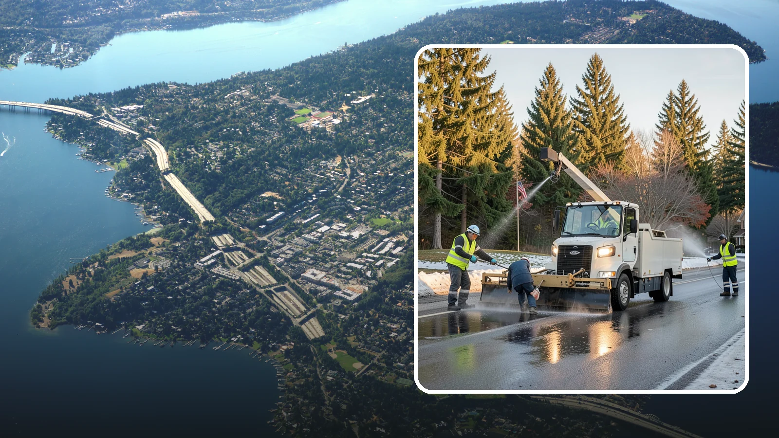 Anti-Icing Brine Application in Mercer Island, King County, WA - Proactive liquid brine application that prevents ice from bonding to public roadways and lots before a storm.