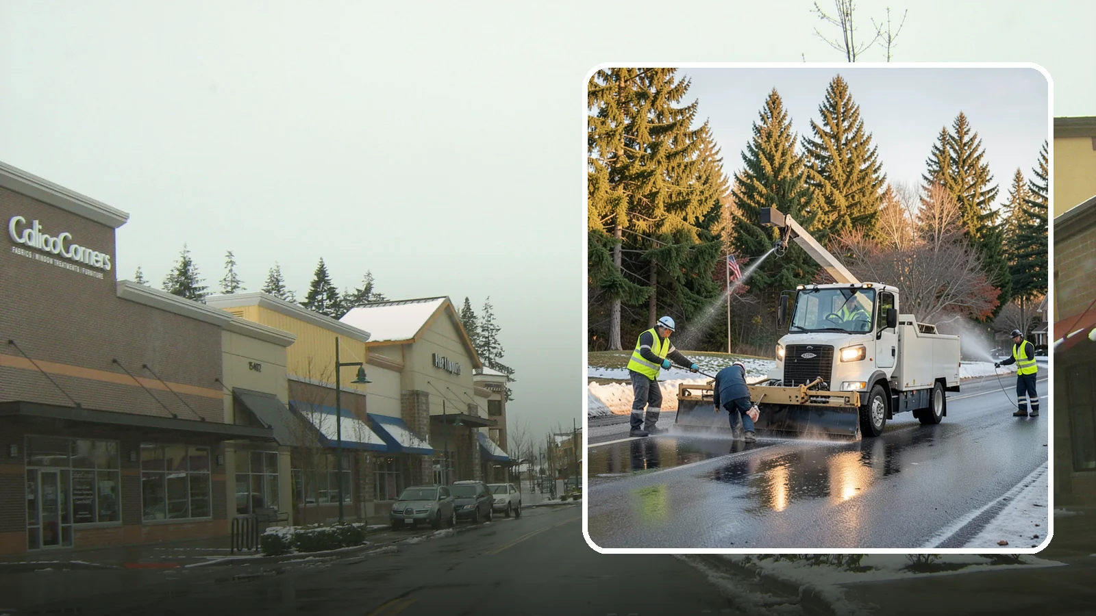 Anti-Icing Brine Application in Mill Creek, Snohomish County, WA - Proactive liquid brine application that prevents ice from bonding to public roadways and lots before a storm.