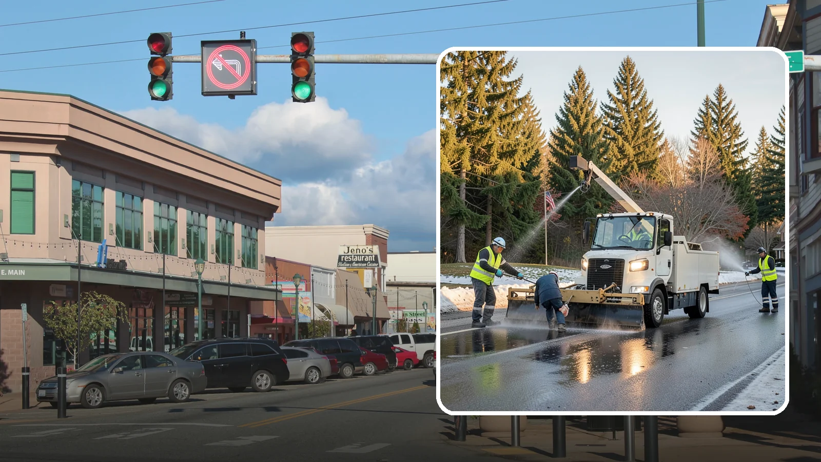 Anti-Icing Brine Application in Monroe, Snohomish County, WA - Proactive liquid brine application that prevents ice from bonding to public roadways and lots before a storm.