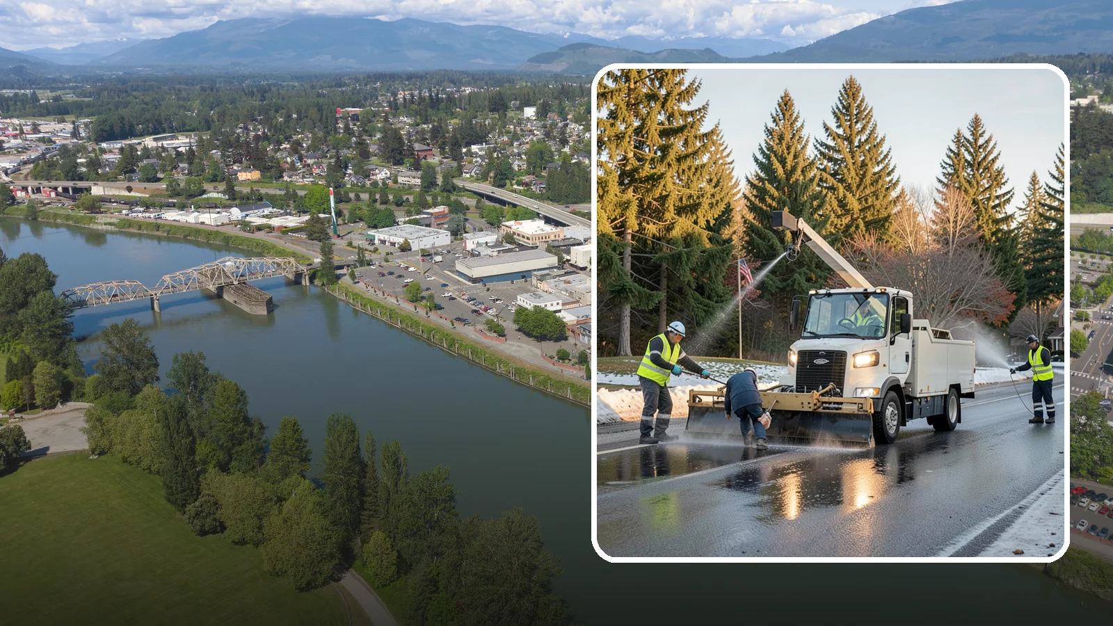 Anti-Icing Brine Application in Mount Vernon, Skagit County, WA - Proactive liquid brine application that prevents ice from bonding to public roadways and lots before a storm.