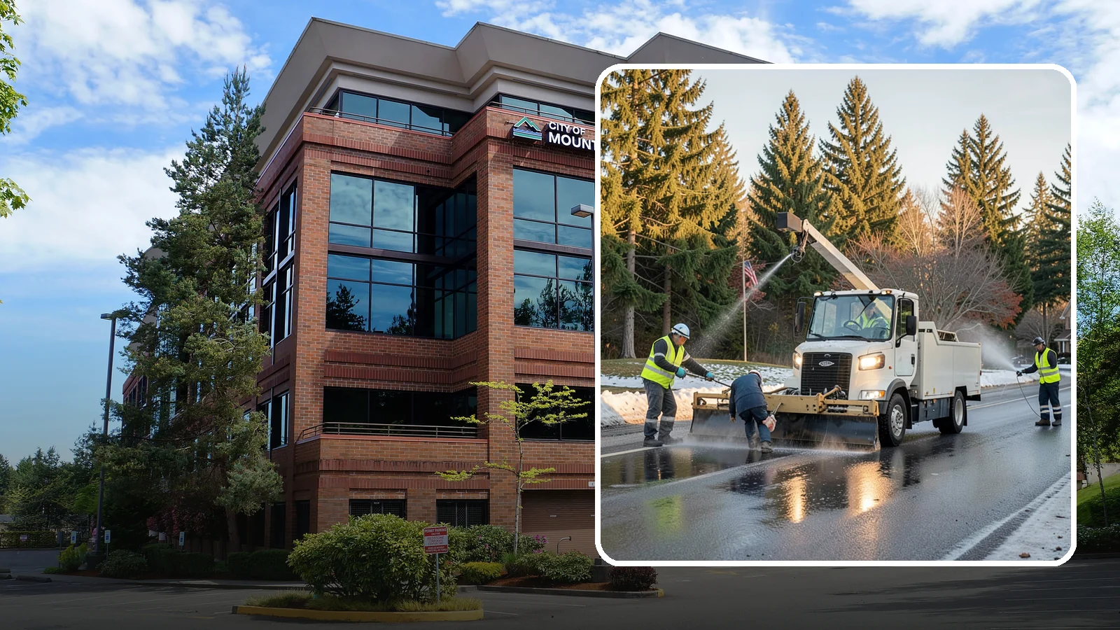 Anti-Icing Brine Application in Mountlake Terrace, Snohomish County, WA - Proactive liquid brine application that prevents ice from bonding to public roadways and lots before a storm.