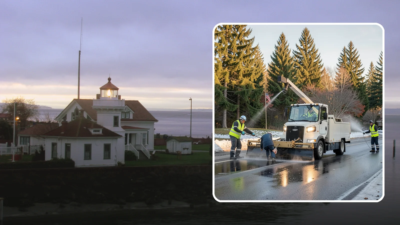 Anti-Icing Brine Application in Mukilteo, Snohomish County, WA - Proactive liquid brine application that prevents ice from bonding to public roadways and lots before a storm.