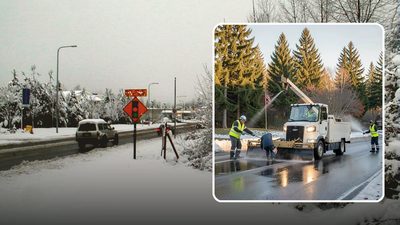 Anti-Icing Brine Application in Newcastle, King County, WA - Proactive liquid brine application that prevents ice from bonding to public roadways and lots before a storm.