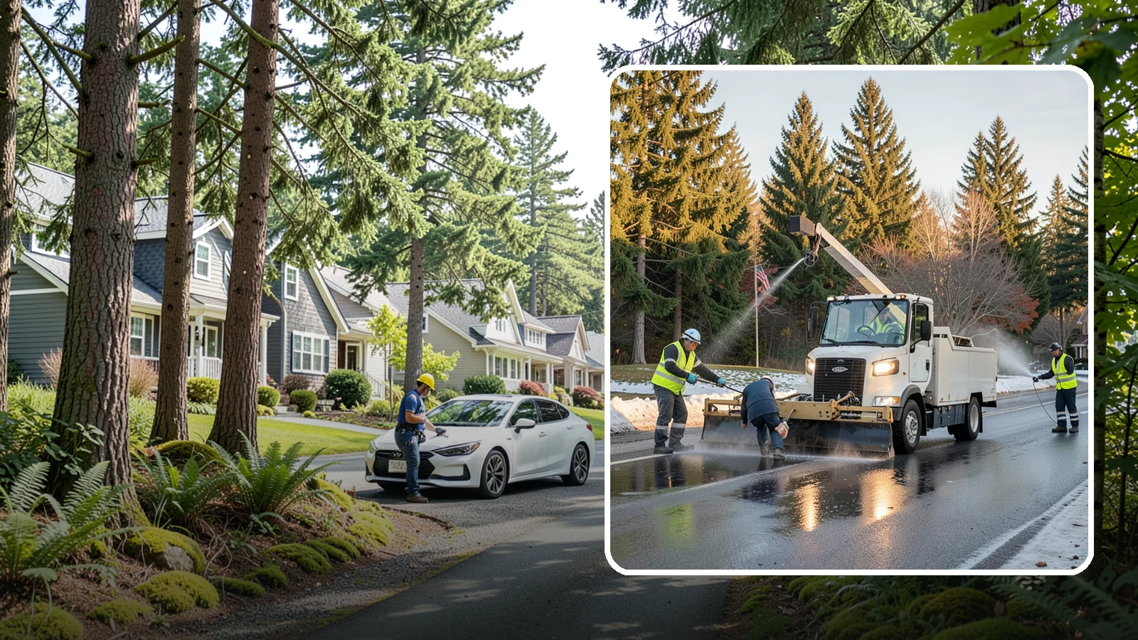 Anti-Icing Brine Application in Normandy Park, King County, WA - Proactive liquid brine application that prevents ice from bonding to public roadways and lots before a storm.