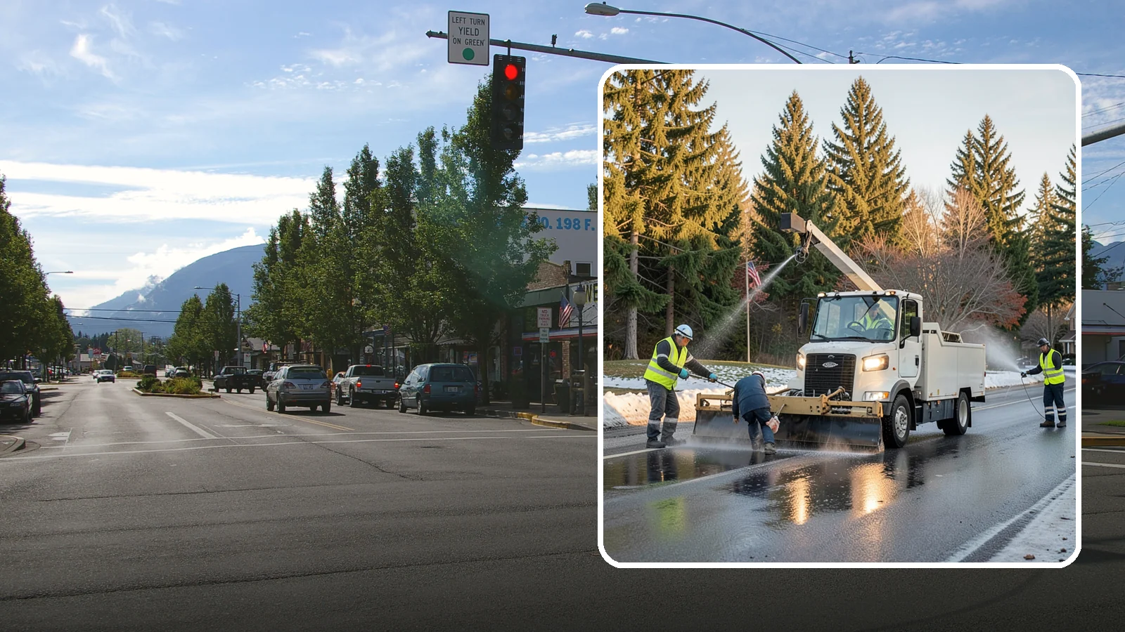 Anti-Icing Brine Application in North Bend, King County, WA - Proactive liquid brine application that prevents ice from bonding to public roadways and lots before a storm.