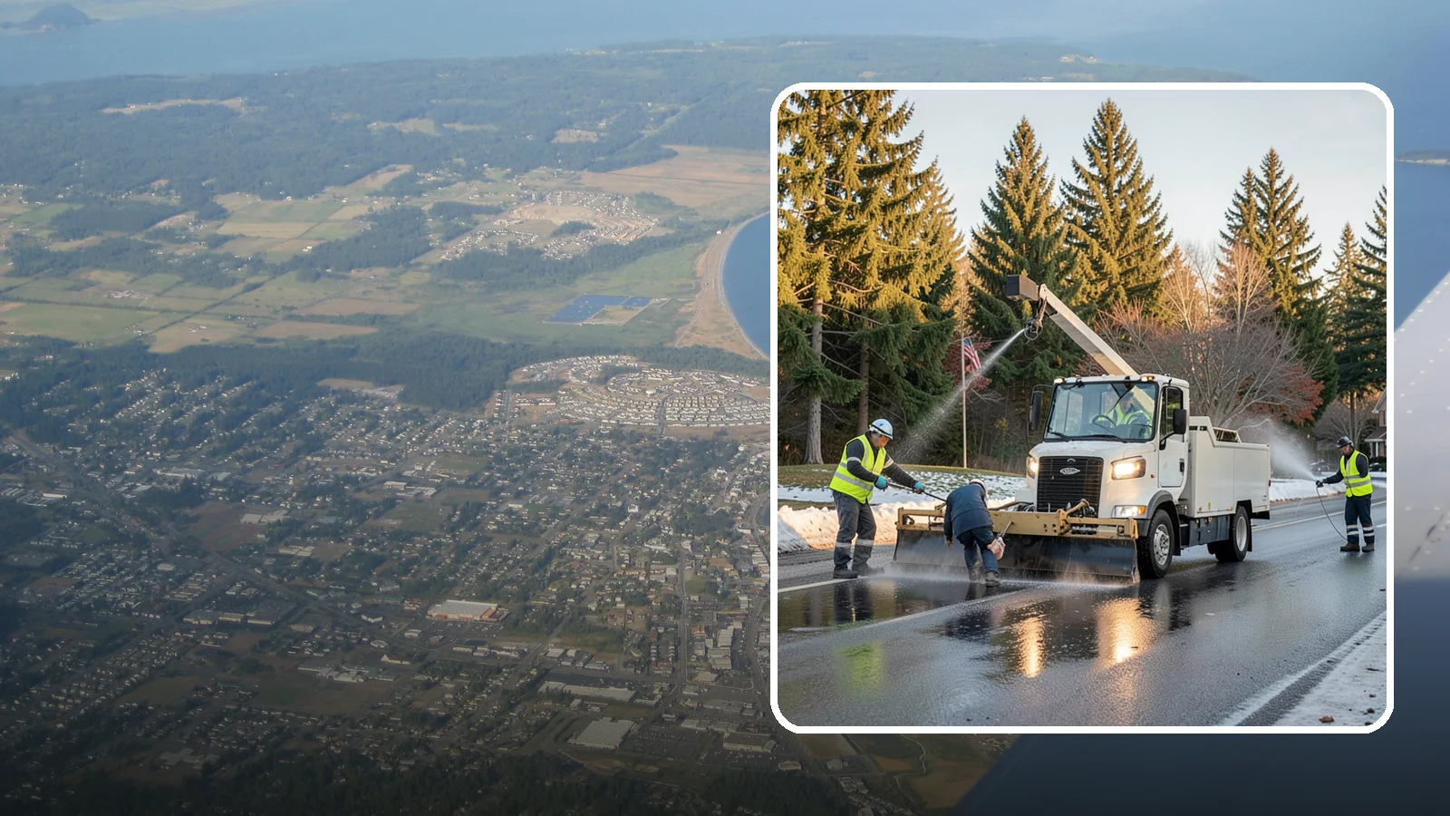 Anti-Icing Brine Application in Oak Harbor, Island County, WA - Proactive liquid brine application that prevents ice from bonding to public roadways and lots before a storm.
