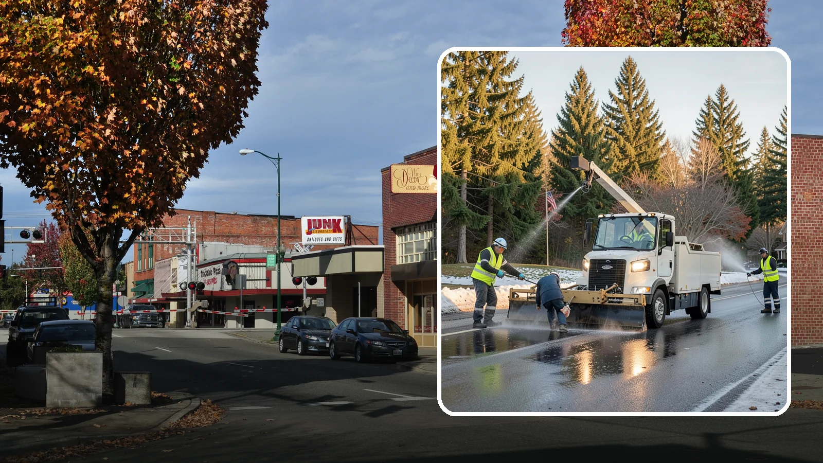 Anti-Icing Brine Application in Puyallup, Pierce County, WA - Proactive liquid brine application that prevents ice from bonding to public roadways and lots before a storm.