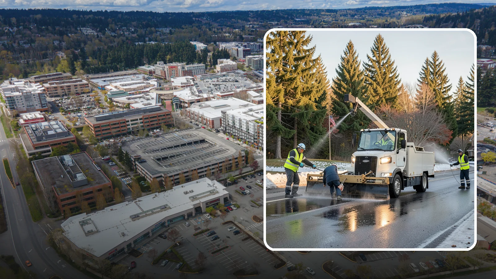 Anti-Icing Brine Application in Redmond, King County, WA - Proactive liquid brine application that prevents ice from bonding to public roadways and lots before a storm.